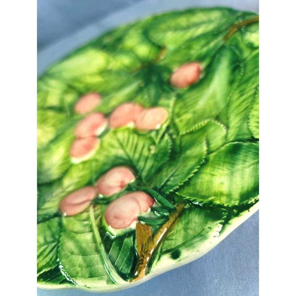 Italian Majolica Plates Cherries & Plum Hand Painted RARE 8''Raised Fruit VTG